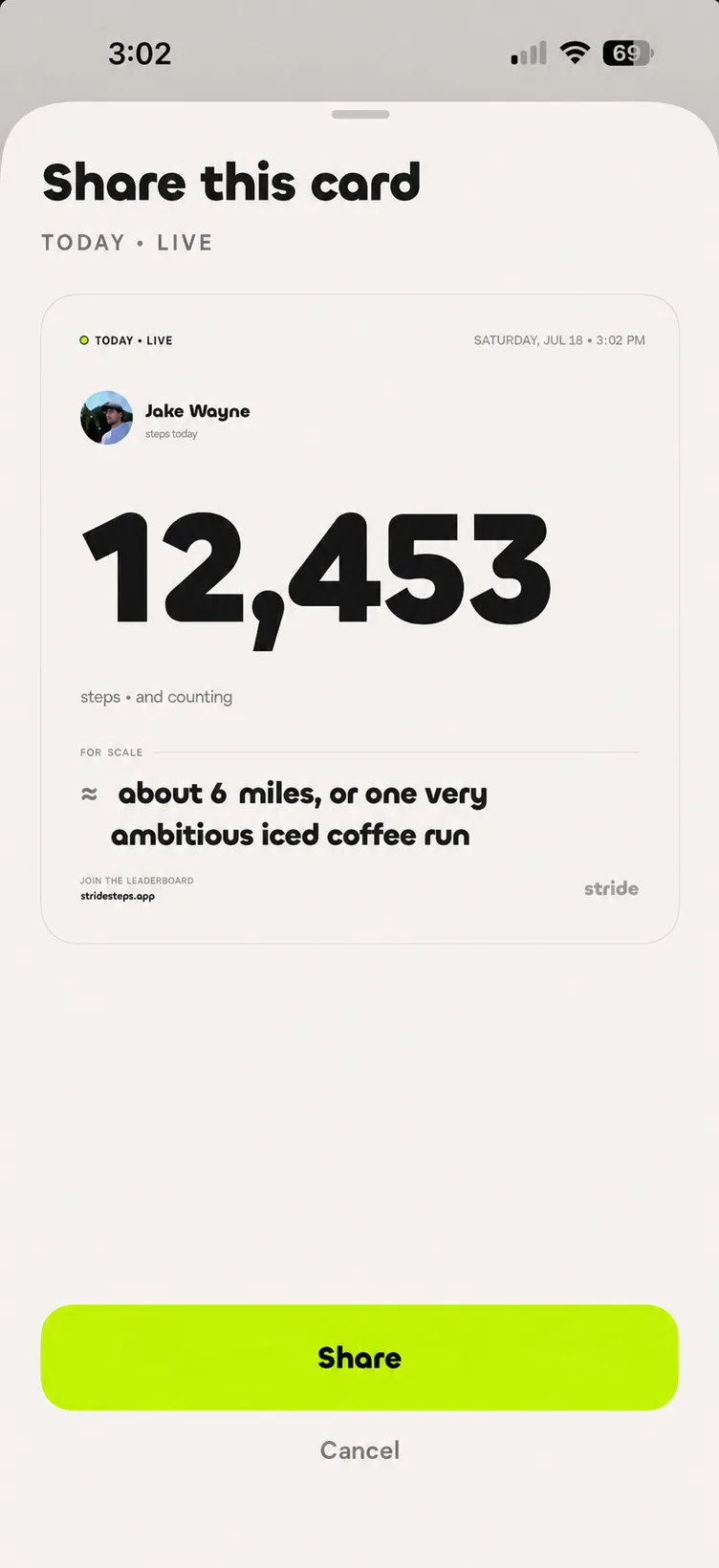 Daily step share card: 12,453 steps, about 6 miles